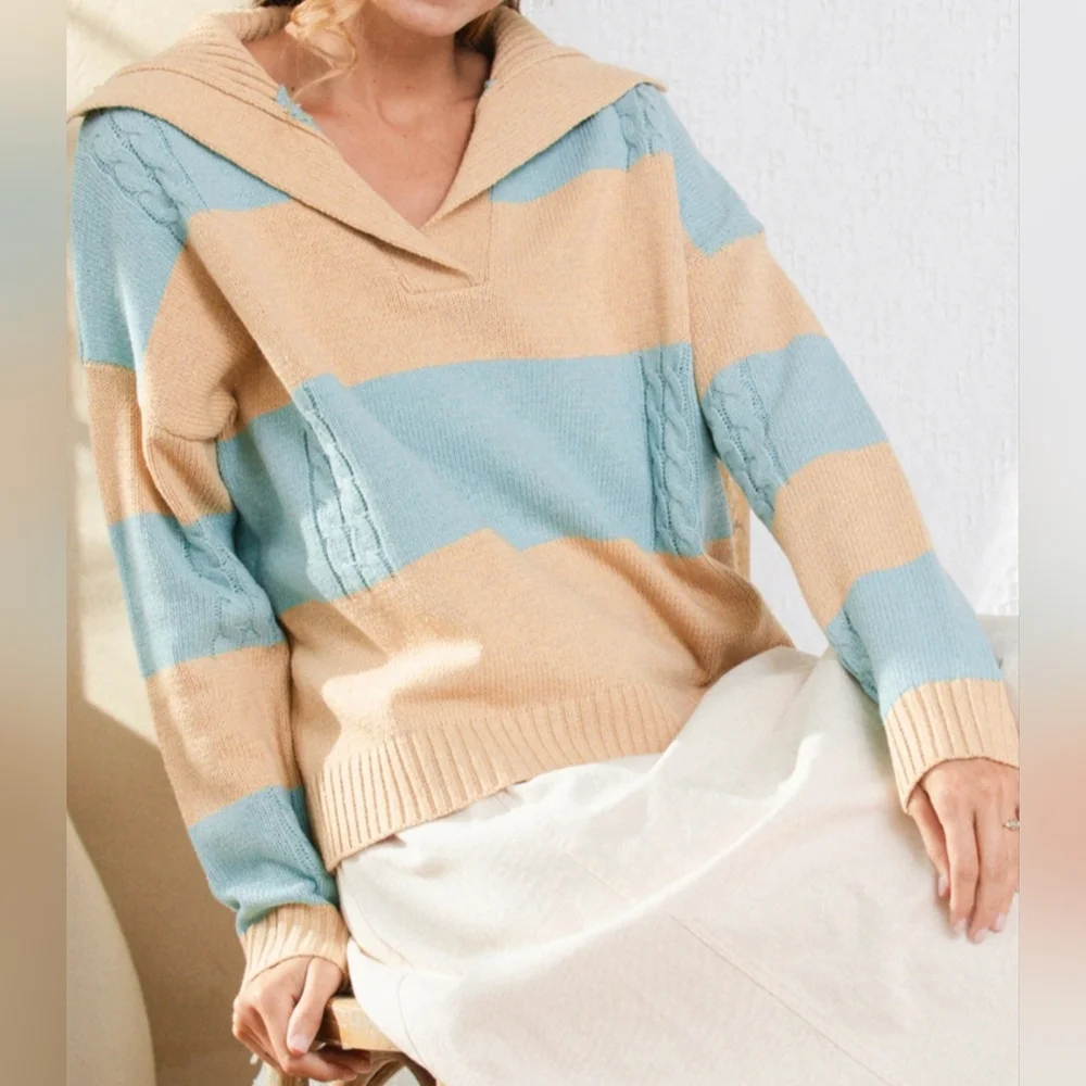 #213 🛑L BOHO  SPREAD COLLAR NECK COLOR BLOCKED SWEATER TOP - Picture 5 of 12